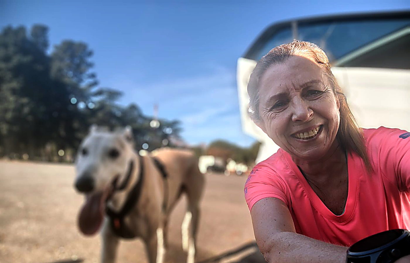 Lili corriendo junto a un galgo en el parque